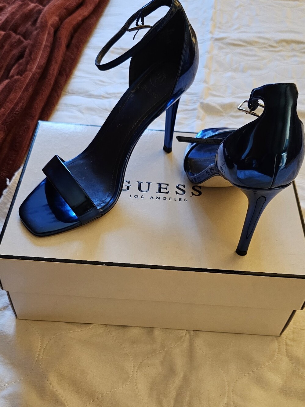 GUESS Navy Blue Patent Ankle-Strap Stiletto Heels